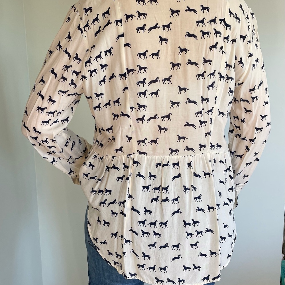 Maeve Cream and Navy Horse Pattern Long Sleeve Button- Up Blouse - Size 14 - Picture 3 of 5